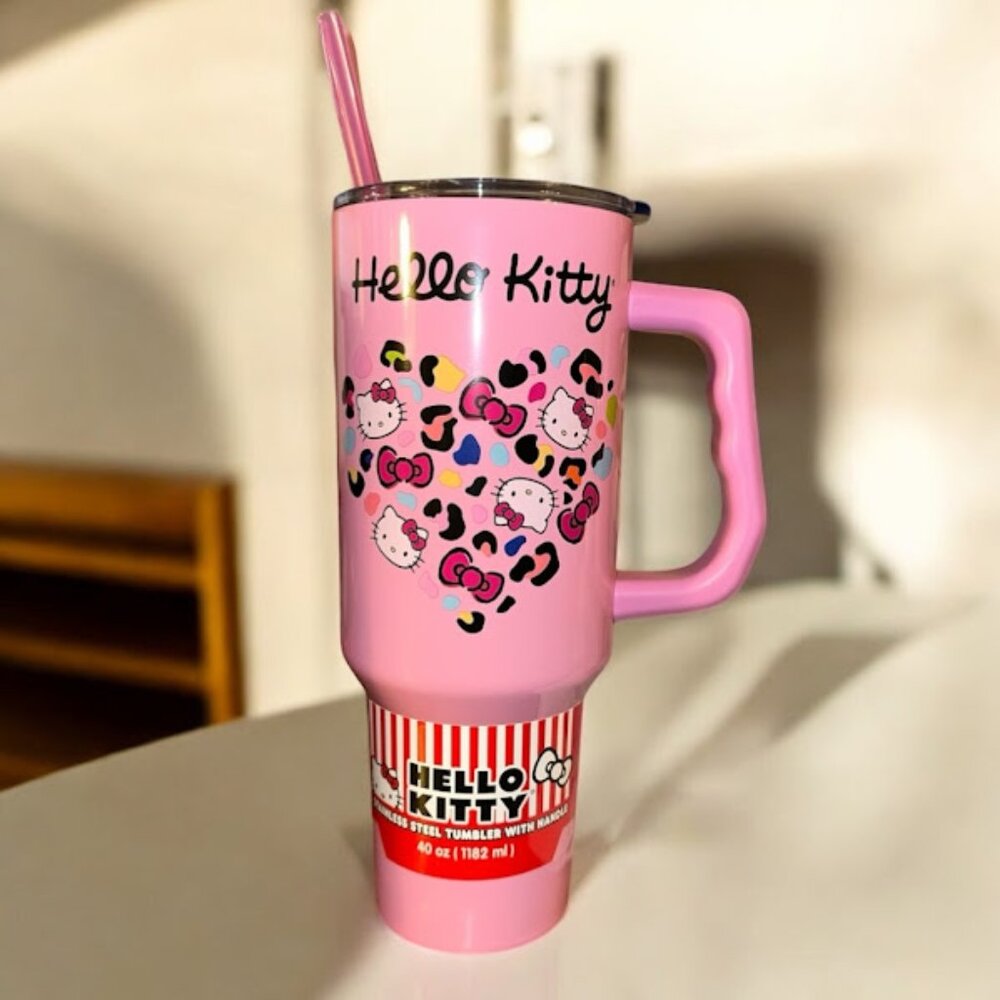 NEW~ Hello Kitty 40 oz Tumbler~ Pink~ Heart~ Cheetah Print~ Adorable (H1)
